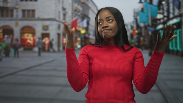Woman in red sweater shrugs with hands raised, flipping fingers near face and pursing lips on a busy pedestrian street lined with shops and neon signs; indifference dismissal.