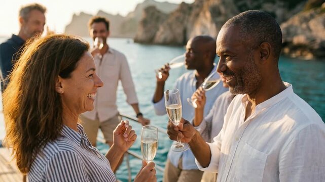 Mature multiethnic couple laughing together holding champagne glasses during yacht party at sunset