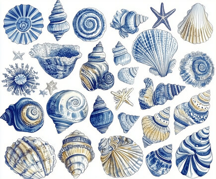 Zbi&oacute;r artystycznych ilustracji muszli i rozgwiazd w tonacji błękitu i bieli. R&oacute;żnorodne kształty i wzory tworzą elegancką, morską kompozycję o klasycznym, dekoracyjnym charakterze.