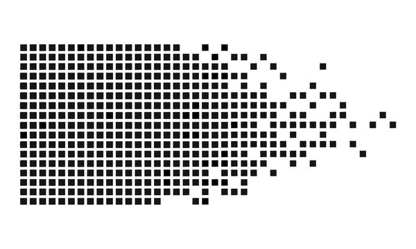 Solid black squares in a dissolving grid on a white background, conveying digital dispersion or data loss concept