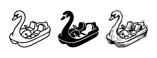 Set of swan pedal boat icons, flat, silhouette and sketch styles, leisure water activity at the park lake, vector illustration isolated on white background © Maksym cvc
