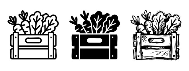 Set of Vegetable Crate Icons in Line, Solid, and Sketch Styles © Maksym cvc