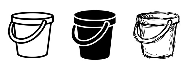 Set of bucket icons, flat vector illustration and hand drawn sketch, cleaning tool and plastic pail container, isolated on white background © Maksym cvc