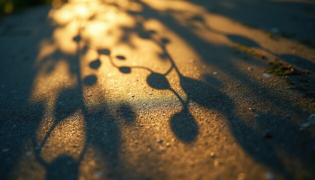 Abstract dappled light and shadow patterns of plant leaves fall on rough textured ground surface. Golden hour sunlight creates dramatic contrast with dark shade.