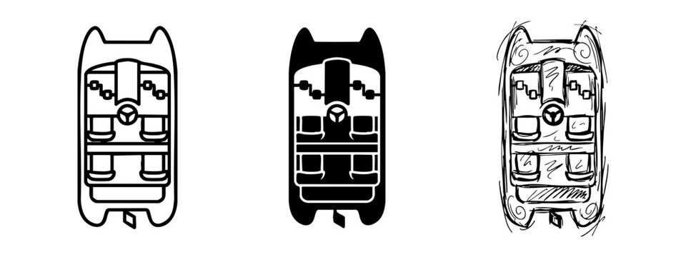 Top view of boat deck interior, boat dashboard and seating layout icons set in line, solid and sketch styles