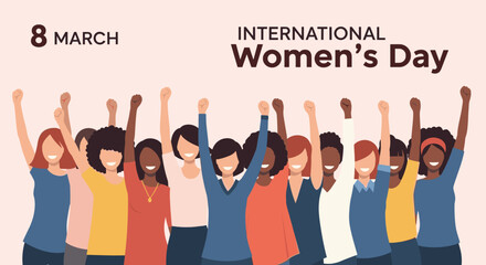 Fototapeta premium International Women Day illustration showing a diverse group of women standing together and raising their fists in unity.