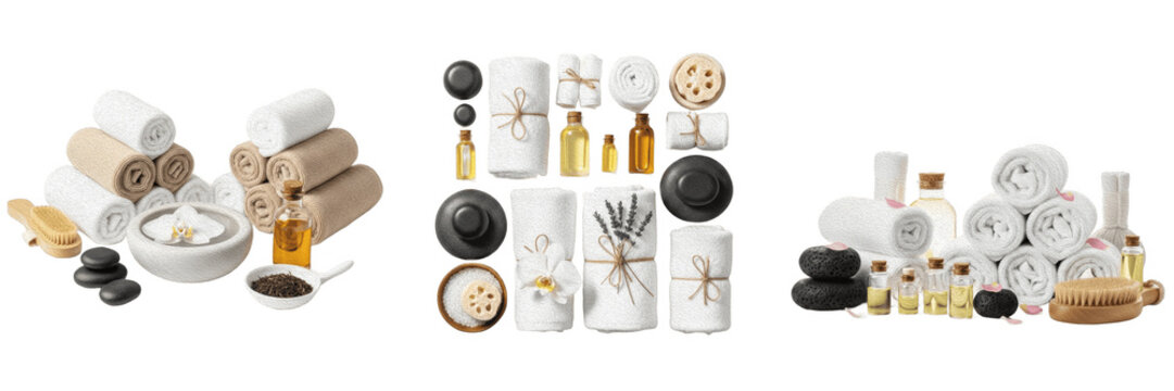 Set of Spa and Wellness Treatment Essentials Isolated on White Background, Luxury Relaxation Products, Towels, Massage Stones, and Essential Oils, High-Quality Cutout PNG Images for Beauty and Health 