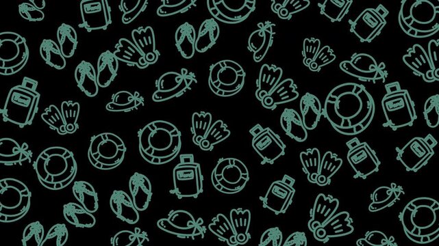 Teal doodles float on a stark black background. Flip-flops, life rings, and flippers hint at beach fun. Scattered icons suggest summer adventures or poolside relaxation. Silly, light-hearted