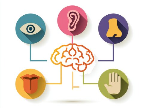 Circular icons represent the five senses linked to a brain shape, illustrating how sight, hearing, smell, taste, and touch connect with each other.