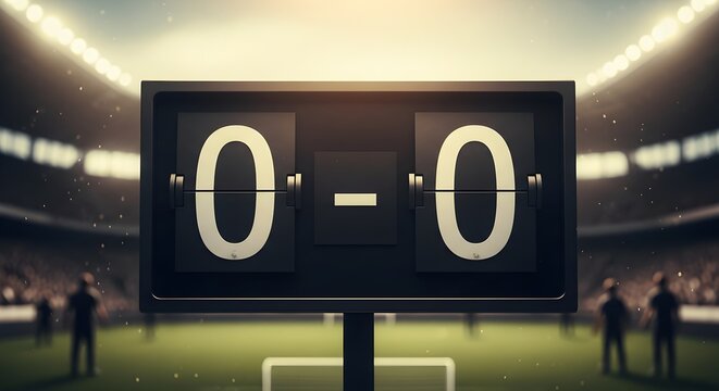 Soccer scoreboard displaying 0 0 in a stadium with players on the field and spectators in the stands under bright lights