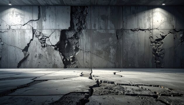 A dramatic scene of a cracked concrete interior illuminated by spotlights.