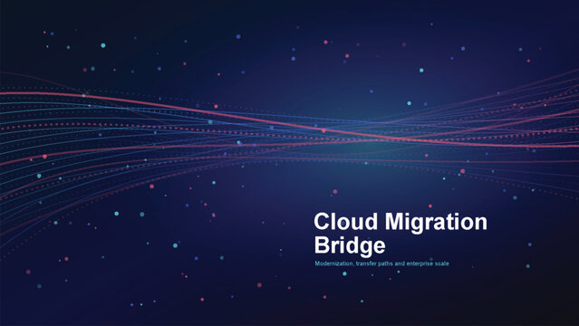 Abstract cloud migration bridge with glowing data lines and futuristic particles representing secure information transfer and digital transformation