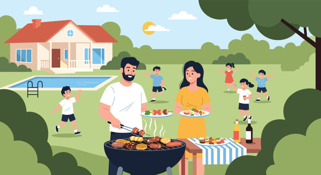 Happy family and friends having a fun barbecue party in a large backyard with a swimming pool and green trees.