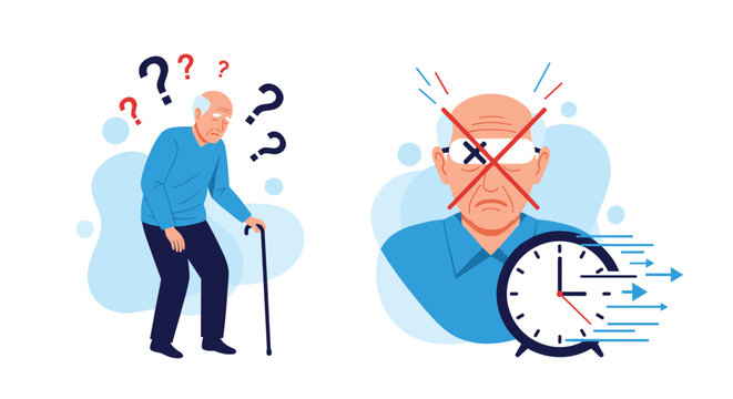 Elderly man experiencing memory loss and dementia represented by confusion, red question marks, and time passing.