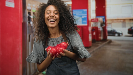 Teenage woman in apron holding ripe red tomatoes in hands and smiling broadly while standing by fuel pumps at a gas station forecourt  joy warmth. © Krakenimages.com