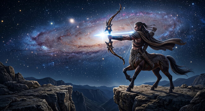 Sagittarius Zodiac Concept: Centaur Warrior with Bow and Arrow under Milky Way