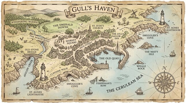 Vintage fantasy map of Gull's Haven coastal town, antique nautical chart with lighthouses and harbor, aged parchment treasure map illustration