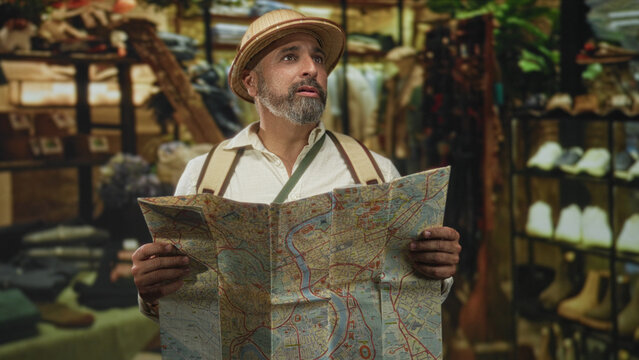 Man holding a large folded map and looking up in a building clothing shop, wearing pith helmet and backpack straps; curiosity travel exploration.