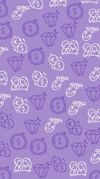 Purple background holds simple white line drawings. Diamons, coins, and dollar signs float across the scene. Handshake icons suggest collaboration and agreement. Each symbol is stylized, clean