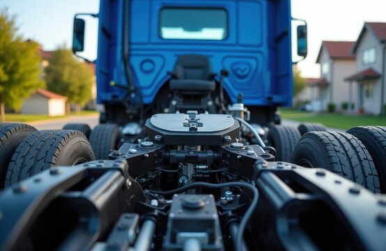 Blue semi truck chassis and tires, close up view of heavy freight vehicle frame. Commercial lorry parts detail, industrial transport logistics.