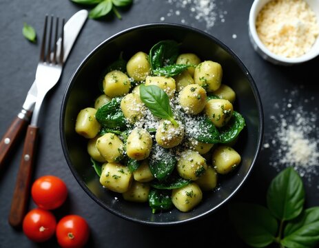 Potato gnocchi with pesto spinach and parmesan cheese in black bowl. Fresh italian pasta dish with basil herb garnish. Cherry tomatoes and cutlery nearby on dark surface.
