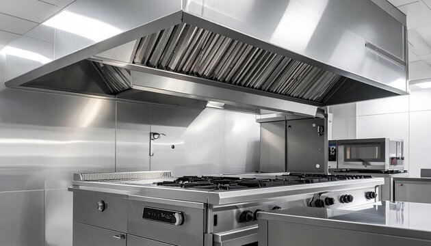 Commercial stainless steel kitchen ventilation hood with exhaust fans, symbolizing air quality, safety, and industrial design.
