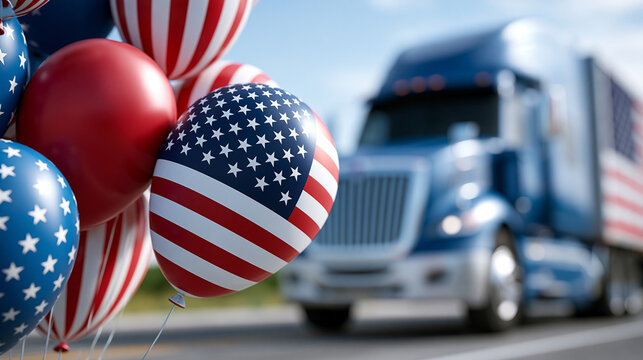 Close-up of a colorful illustration of a semi-truck with American flag and Labor Day balloons, Labor Day illustration concept, festive truck photography, holiday trucking