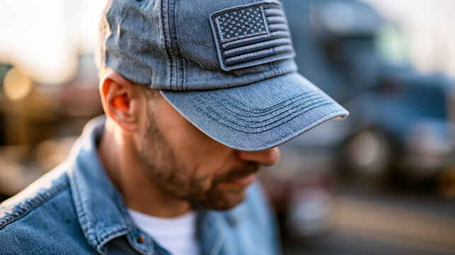 Close-up of a truck driver documentary image showing pride and patriotism in the trucking profession, documentary concept, truck driver photography, American pride visualization,