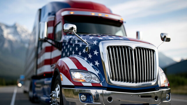 Close-up of an American semi-truck in US flag colors representing cargo transportation and automotive design, automotive design concept, flag colored truck photography, national
