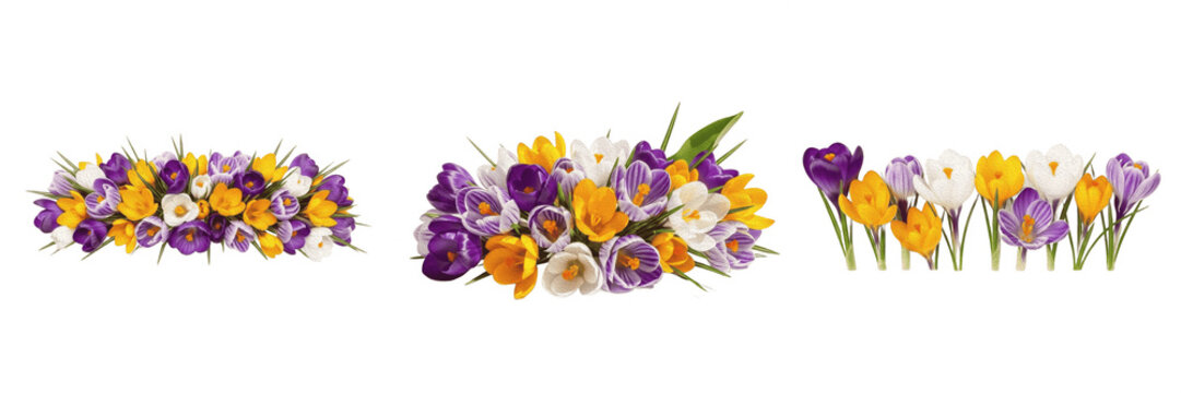 Set of Colorful Spring Crocus Flower Arrangements Isolated on White Background, Transparent PNG Clipart for Floral Design Projects, Easter Decoration, and Nature-Themed Graphic Compositions