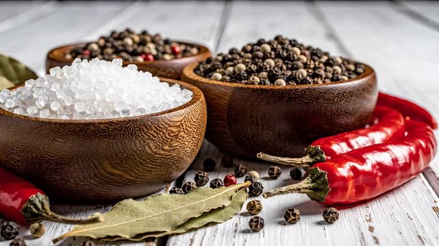 Assortment of Spices and Seasonings in Wooden Bowls on Rustic Table.