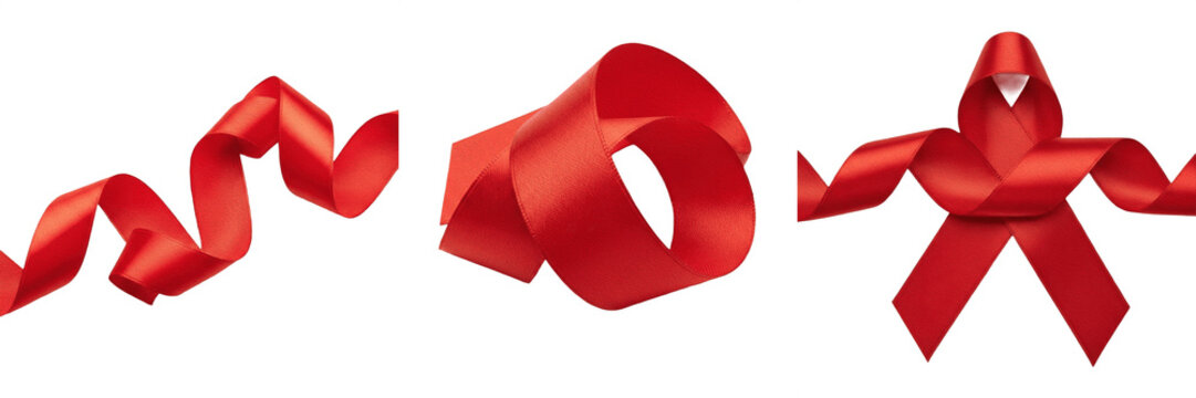 Set of Red Satin Ribbons PNG, Elegant Curled and Folded Silk Ribbon Clipart for Gift Wrapping, Festive Holiday Decoration Elements Isolated on White Background, Luxury Celebration Design Assets