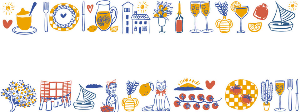 Hand drawn mediterranean summer frame. Banner template with empty copy space featuring cute italian lifestyle doodles of village houses, lemon trees and cats.