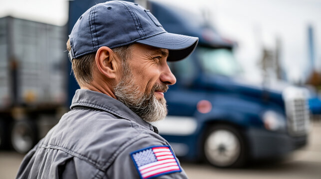 Rear view of an American trucker's smiling face partially visible beside a semi-truck with an American flag patch on uniform, patriotic trucker concept, flag patch driver