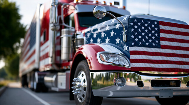 Close-up of an American flag painted on a semi-truck parked with patriotic red white and blue colors, patriotic vehicle concept, flag painted truck photography, Independence Day
