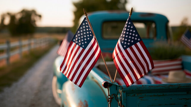 Rear view of a happy Labor Day celebration with American flags on a vintage pickup truck in a rural road, vintage celebration concept, Labor Day truck photography, rural holiday