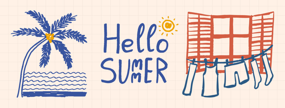 Hand drawn Hello Summer greeting banner. Palm tree by the sea and open window with shutters, and hanging laundry in a naive retro doodle style on grid paper background