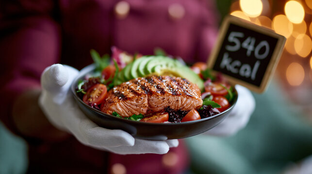 Kellner in Uniform pr&auml;sentiert einen eleganten Teller mit gegrilltem Lachs auf Blattsalat und frischen Tomaten in einem Restaurant. 540 kcal 