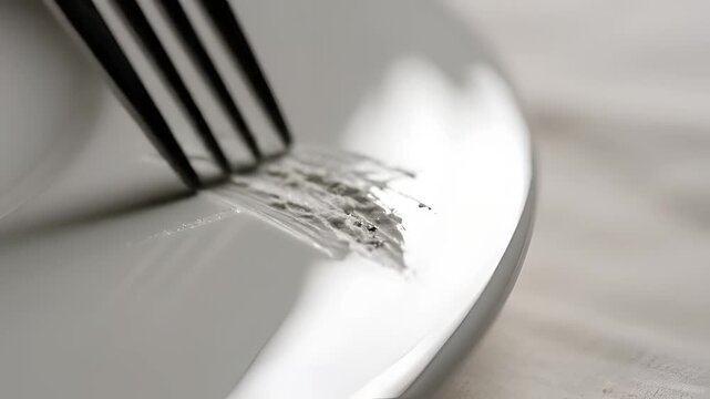 Close up of fork scratching a ceramic plate leaving marks.