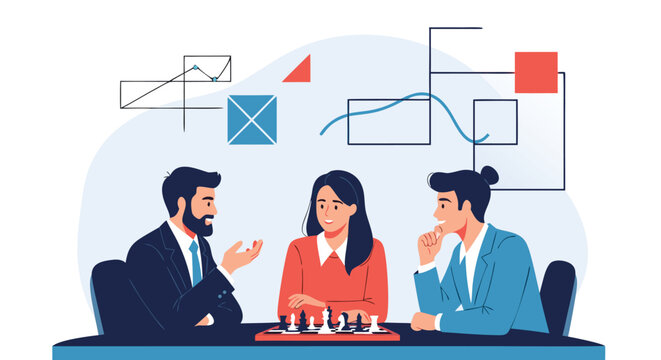 Group of professional business colleagues discussing strategic plans while sitting at a table with a chessboard in an office setting.
