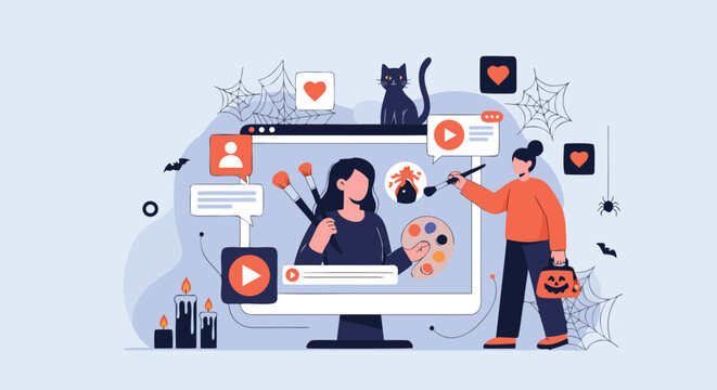 Young woman creating a creative makeup tutorial on her computer screen with Halloween decorations and a black cat.