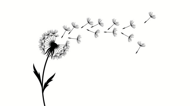 Dandelion seeds blowing vector illustration artwork with black and white design, delicate motion, symbolic freedom, graceful nature composition, decorative artistic plant vector drawing