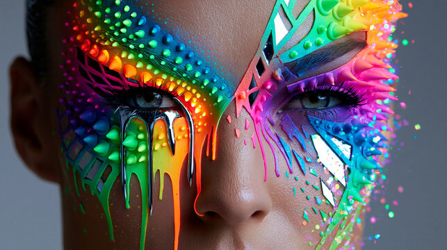 Nahaufnahme eines Frauengesichts mit extravaganter, mehrfarbiger Neon-Augen-Make-up-Kunst.