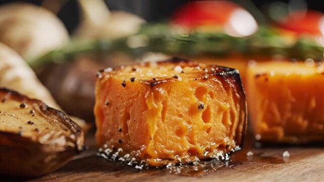Closeup of a perfectly roasted sweet potato round with visible seasoning.