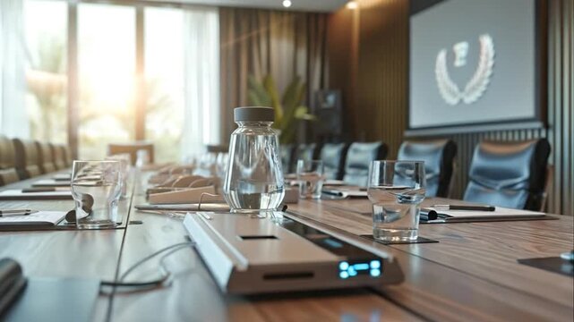 Modern Conference Room Meeting Setup Table with Water Glasses and Notepads