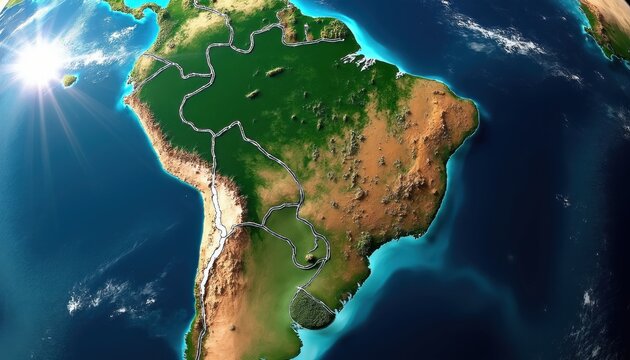 Detailed earth satellite map shows South America continent with country borders and tectonic plates. Bright sun shines on the planet. Ocean water surrounds landmass.
