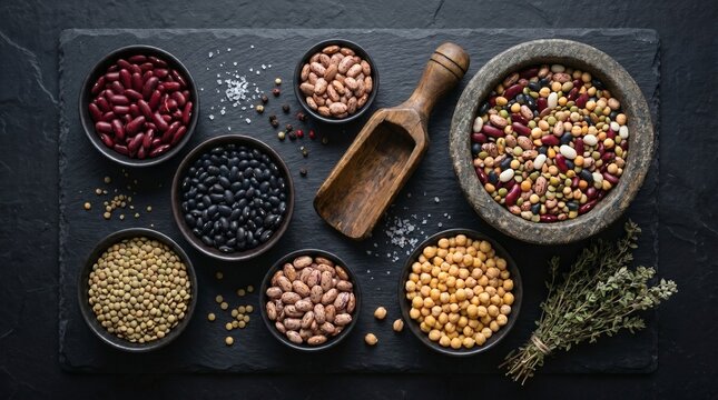Variedad de legumbres secas en cuencos sobre fondo de pizarra negra