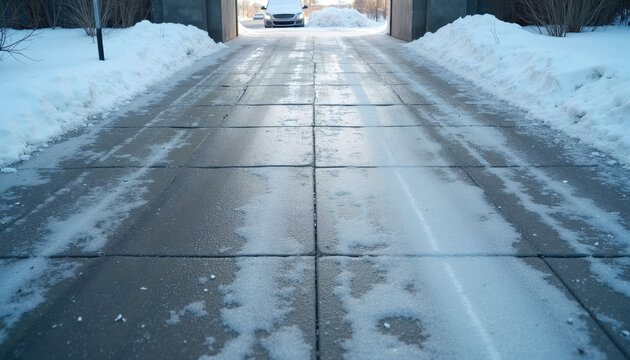 Concrete path covered with ice and snow mixture. Salt is scattered on slippery pavement for safety and melting. Winter cold grip affects urban access and road maintenance.