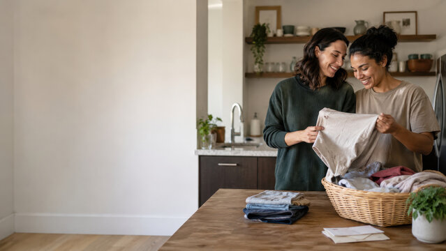 Same sex couple folding laundry together in minimalist home with copy space