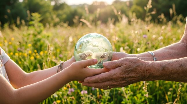 Two generations tenderly cradle a fragile glass Earth in a sunlit field, symbolizing shared responsibility and hope for a sustainable future
